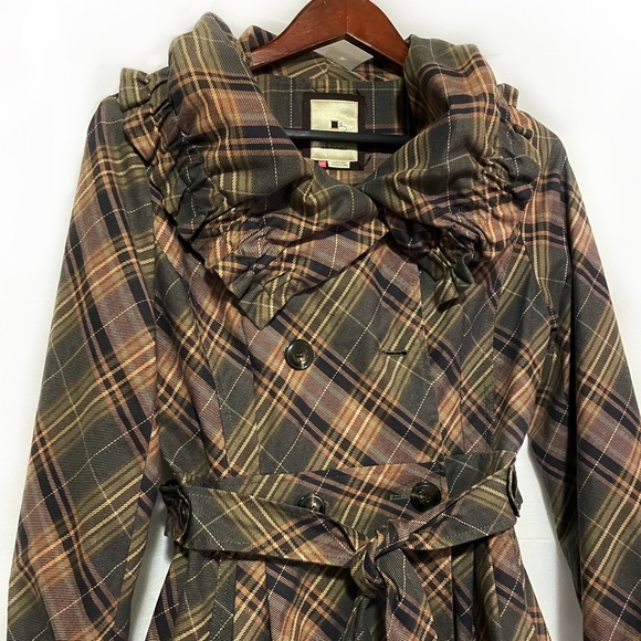 Elevenses by Anthropologie plaid ruffle trench coat size 10P - Picture 2 of 6